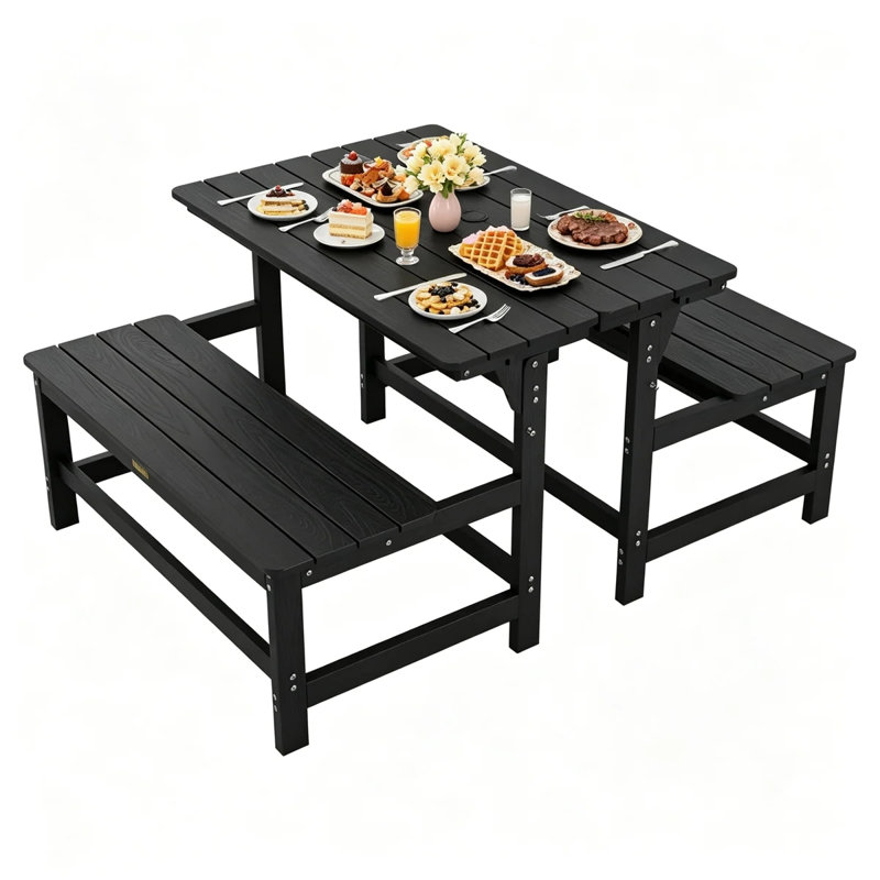 Banc convertible, table de pique-nique 2-en-1, pliable et résistant aux intempéries (deux ensembles), Noir