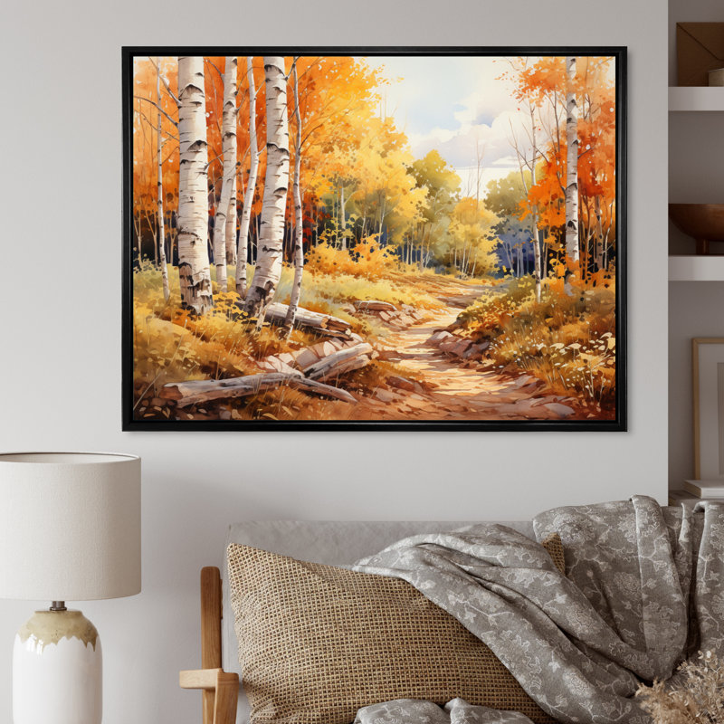 Birch Woods Gilded Pathway II - Imprimé, H 12 po x l 20 po x P 1 po, Cadre flottant noir