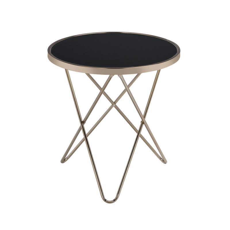 Table de bout ronde en verre noir avec base en forme de «V» superposée au fini champagne, verre de 5 mm, largeur et profondeur de 22 pouces, capacité de poids de 40 lb, limite de poids