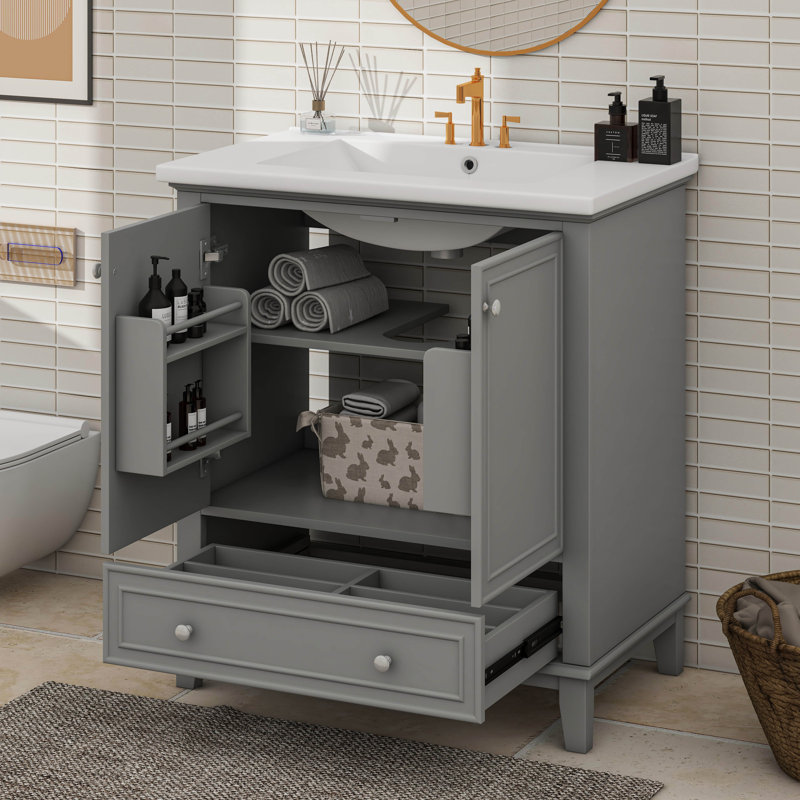 Meuble-lavabo 30 po avec lavabo en céramique, armoire multifonctionnelle avec portes et tiroir, Gris