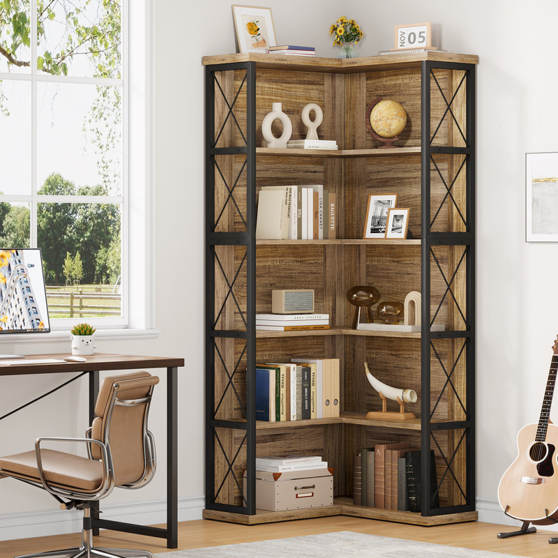 5 Tier Large L-Shaped Corner Bookcase, Corner Bookshelf with Back, Light Brown