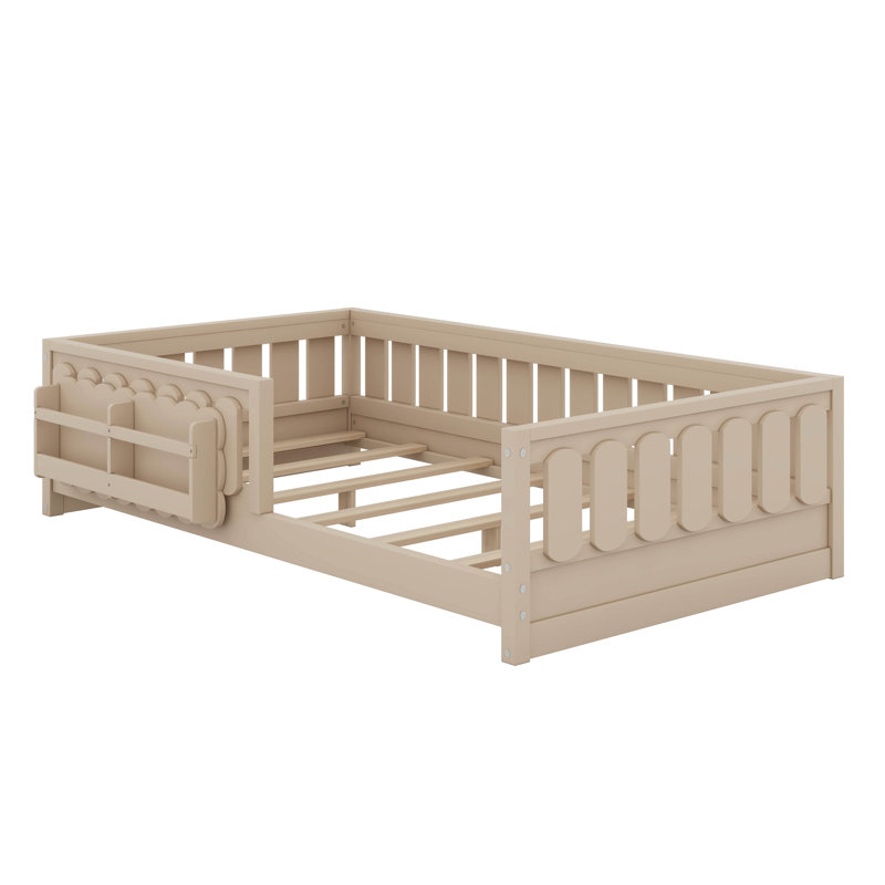 Lit avec étagères de rangement, cadre de lit plateforme en bois avec garde-corps de sécurité, Lit simple, Naturel