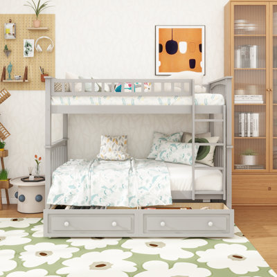 Lit superposé simple au-dessus de simple avec tiroirs, lits convertibles, gris