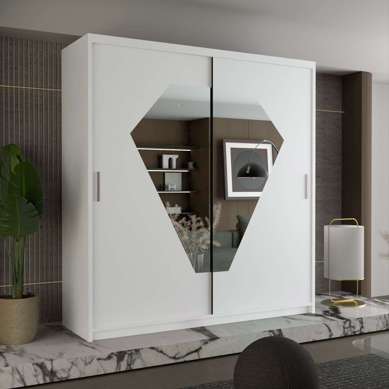 Modern Double Sliding Door Wardrobe, White, 217cm H x 150cmW x 62cm D