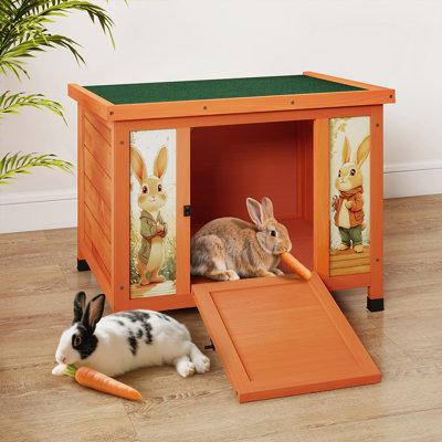 24'' Small Rabbit Hutch, Wooden Cat House Outdoor with Non-Slip Ramp, Weatherproof Roof, Lockable Door & Openable Top 