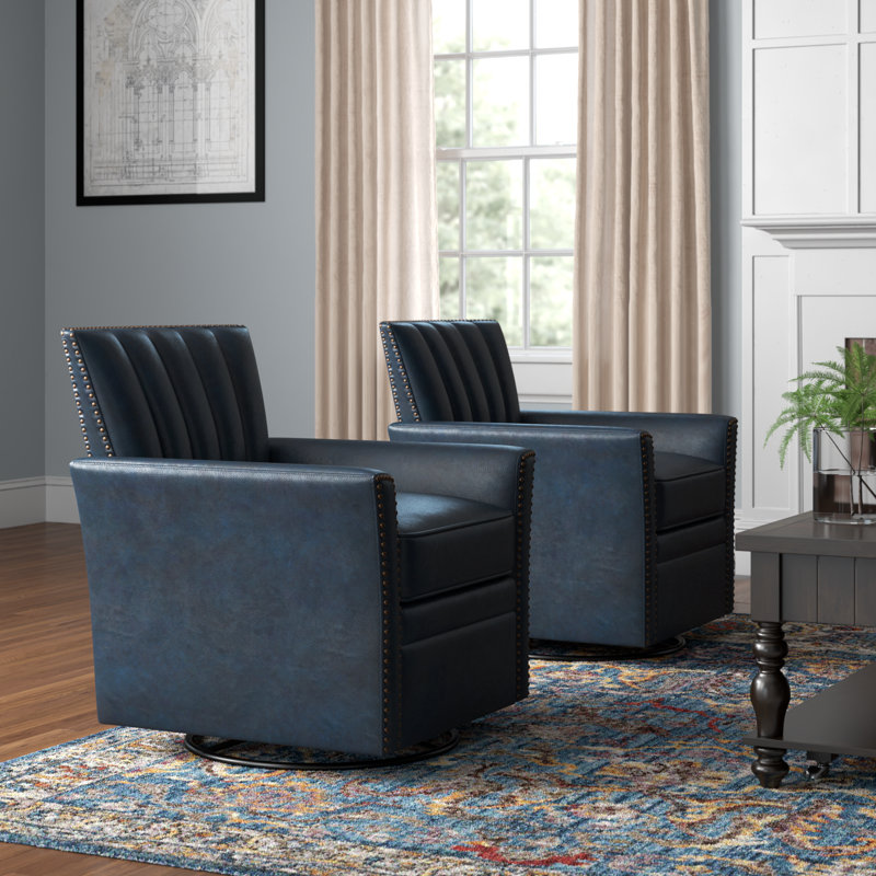 Fauteuil pivotant en cuir Arhianna, Cuir véritable bleu marine