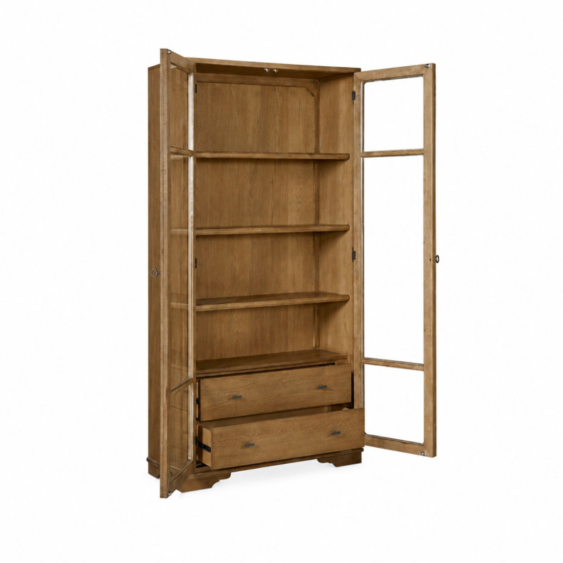 Deemston Tall Display Cabinet with Tempered Glass Doors, Adjustable Shelves & Cedar-Lined Drawer – Almond Finish, Brown