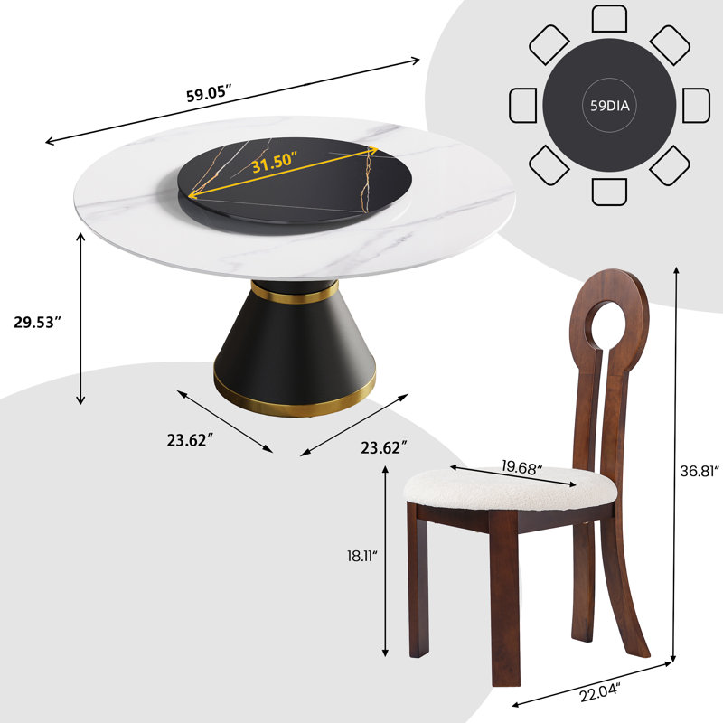 8 Seat Modern Round Sintered Stone Dining Table With Rotating Tray,modern Key-shaped Dining Chairs, White/Black