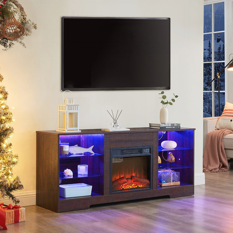 TV Stand with Electric Fireplace, Glass Shelves, and USB Charging, 3D LED Lights for Modern Living, Espresso