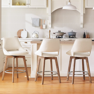 Swivel Counter Height Bar Stools, 27'' Beige-Colored Bar Stools Set of 3, Solid Wood Legs, Comfortable Fabric, Suitable for Kitchen Islands