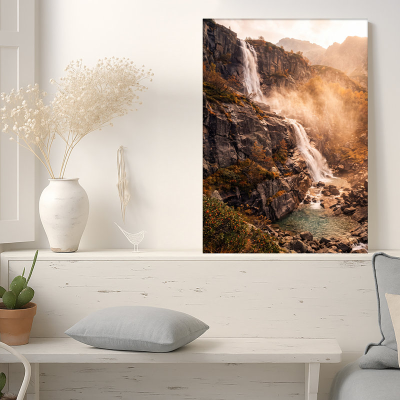 Cascading Waterfall Over Rocky Mountains in Autumn Light Canvas Wall Art, 24"H x 16"W