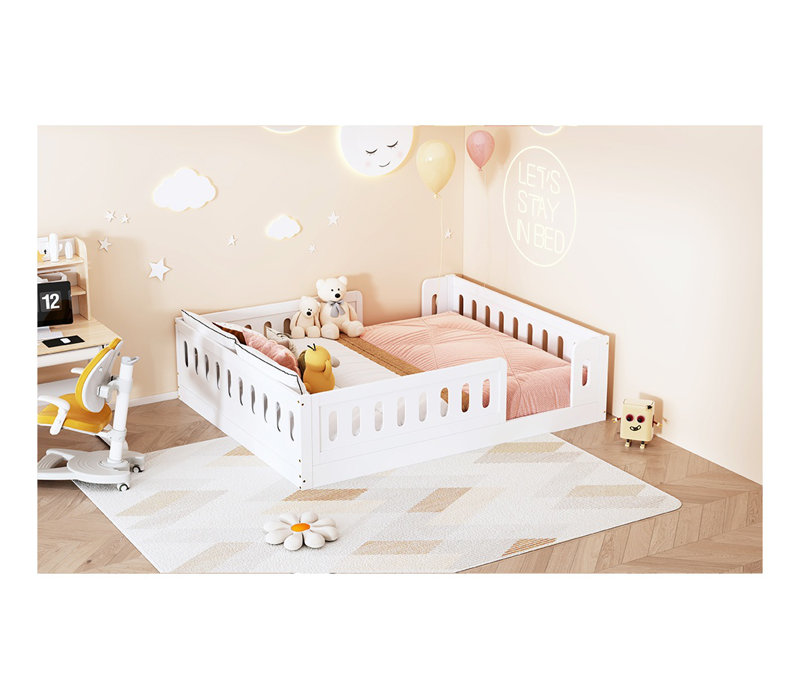 Lit plateforme double en bois avec garde-corps de sécurité - Base de lit pour enfants en bois massif blanc, Blanc