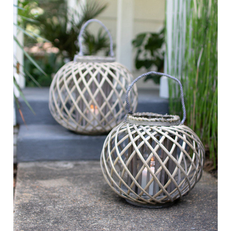 Small Grey Willow and Glass Hanging Candle Lantern