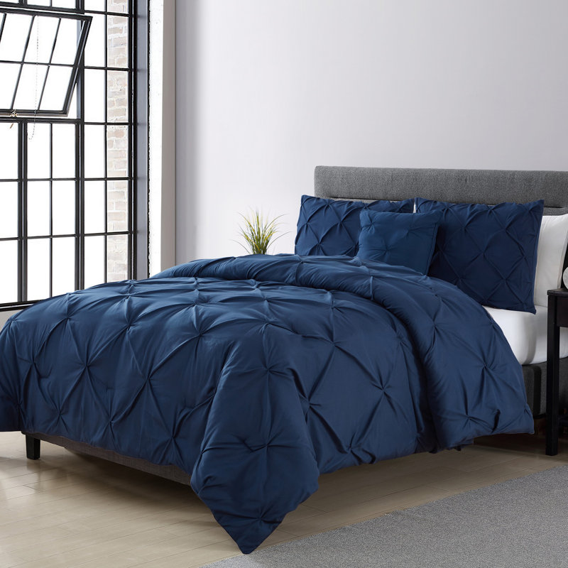 Carmen 3-Piece Pintuck Comforter Set, Navy, King Comforter + 2 Shams + 1 Throw Pillow