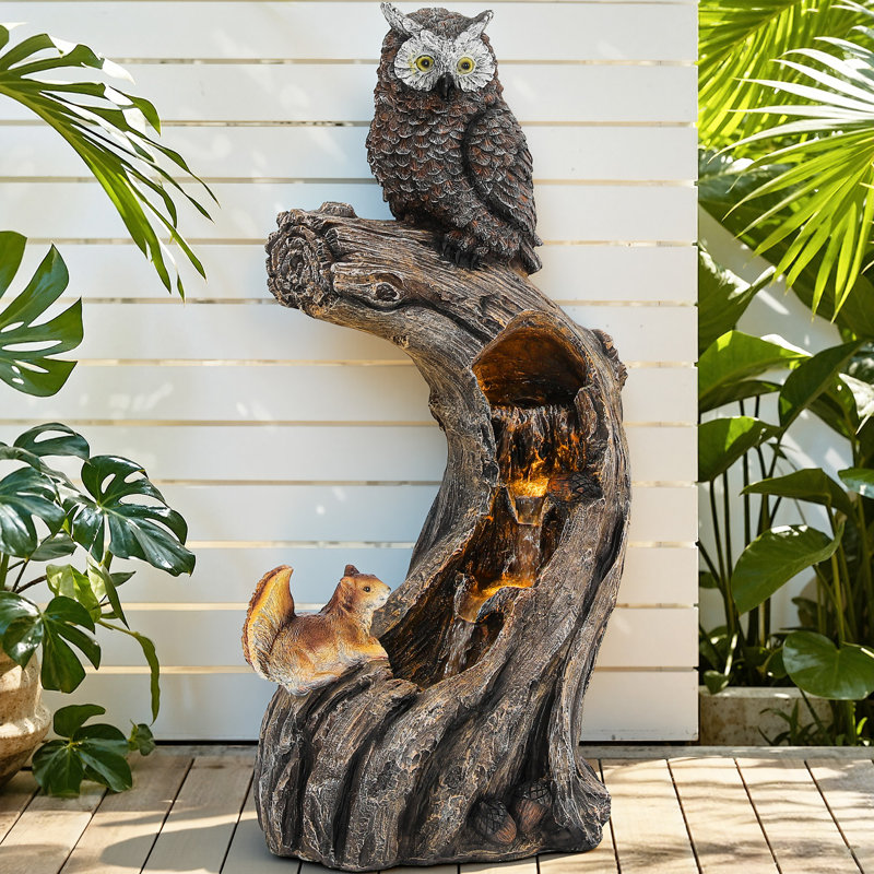 32" Forest-Style Water Fountain with LED Lights, Owl Tree Trunk Cascading Waterfall Decor, 4-Tier Weather-Resistant Resin Outdoor Feature