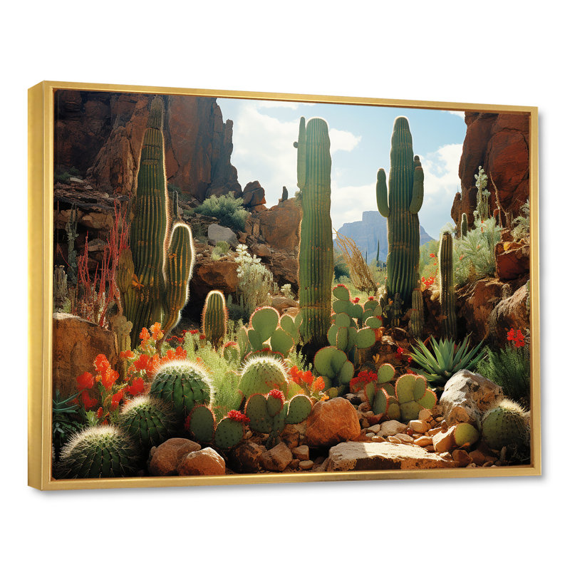 Cactus vert en fleurs au Nevada - Art mural floral cactus, H 34 po x l 44 po x P 1,5 po, Cadre flottant doré