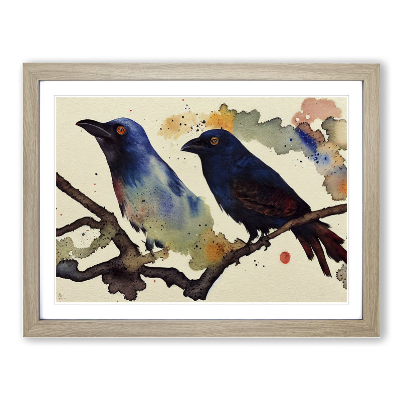 Crow Bird Watercolour Vol.2 - Framed Print, 25cm H x 34cm W x 2cm D, Oak