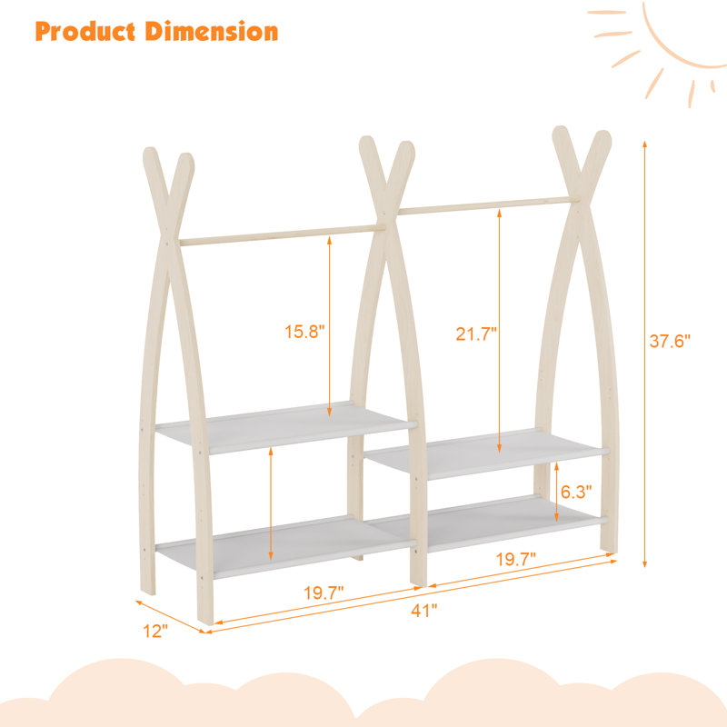 37.6'' Height Piney Clothes Rack with 4 storage shelves