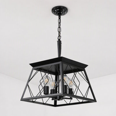 16'' 4-Light Matte Black Industrial Farmhouse Lantern Chandelier, Rustic Wrought Iron Pendant Light