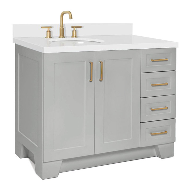 Meuble-lavabo simple en bois massif gris de 43 po avec plateau en quartz blanc de 1,5 po Freitas, Gauche, Ovale, Gris