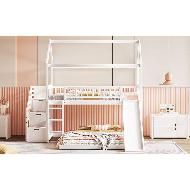 Lit superposé avec glissade, lit maison avec glissade, Blanc