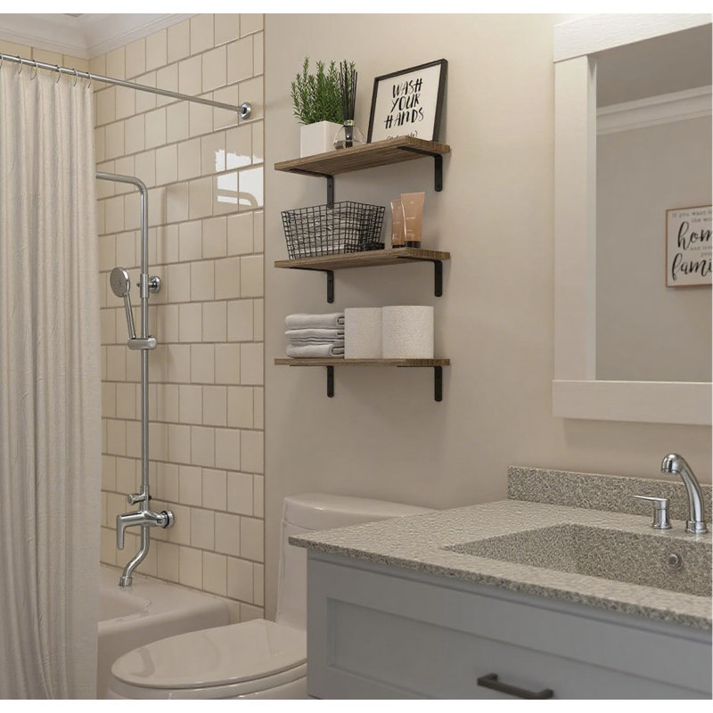 Floating Wall Shelves Set Of 3, Wood Wall-Mounted Shelves For Bathroom, Bedroom, Living Room Storage And Décor, Brown
