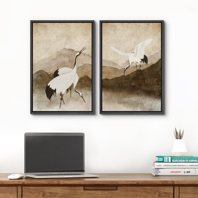 «Cranes Forage On The Mountain», reproduction d'art sur toile encadrée brune, Noir, noir, noir, noir, H 36 po x l 24 po