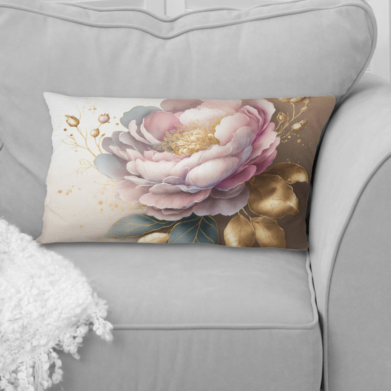Coussin rose et doré Camellia II, H 12 po x l 20 po, Rectangulaire