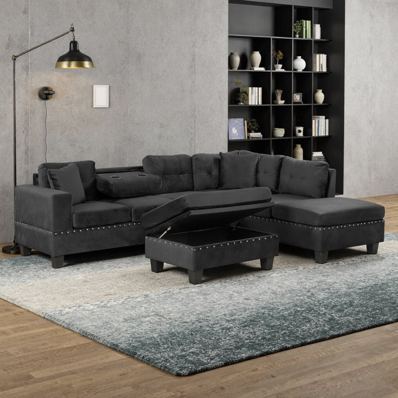 Canapé modulaire moderne en velours de 105 po avec repose-pieds et méridienne réversible, noir, Noir