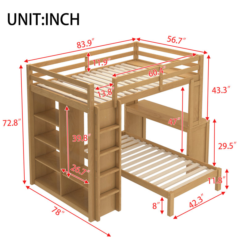 Lit double superposé double / double au-dessus de simple avec lit inférieur amovible, bureau, structure de lit mezzanine en bois massif avec tablettes et garde-robe, naturel