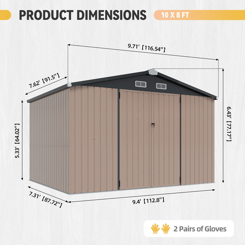 10x8 ft Heavy-Duty Galvanized Steel Outdoor Storage Shed with Floor