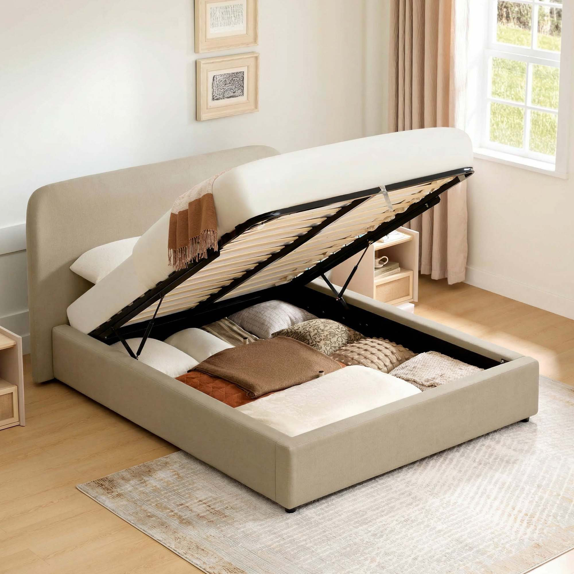 Upholstered Platform Storage Bed, Tan