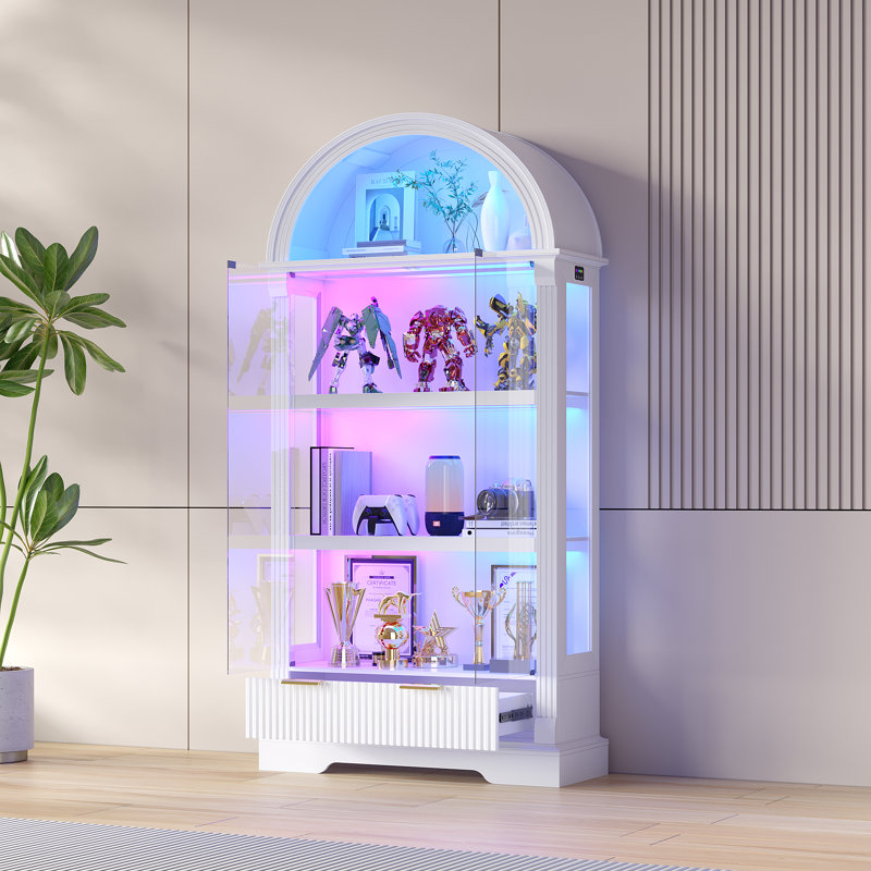 Vitrine arquée de 183 cm de haut avec porte vitrée, à 4 niveaux, avec éclairage RVB et capteur de présence., Blanc