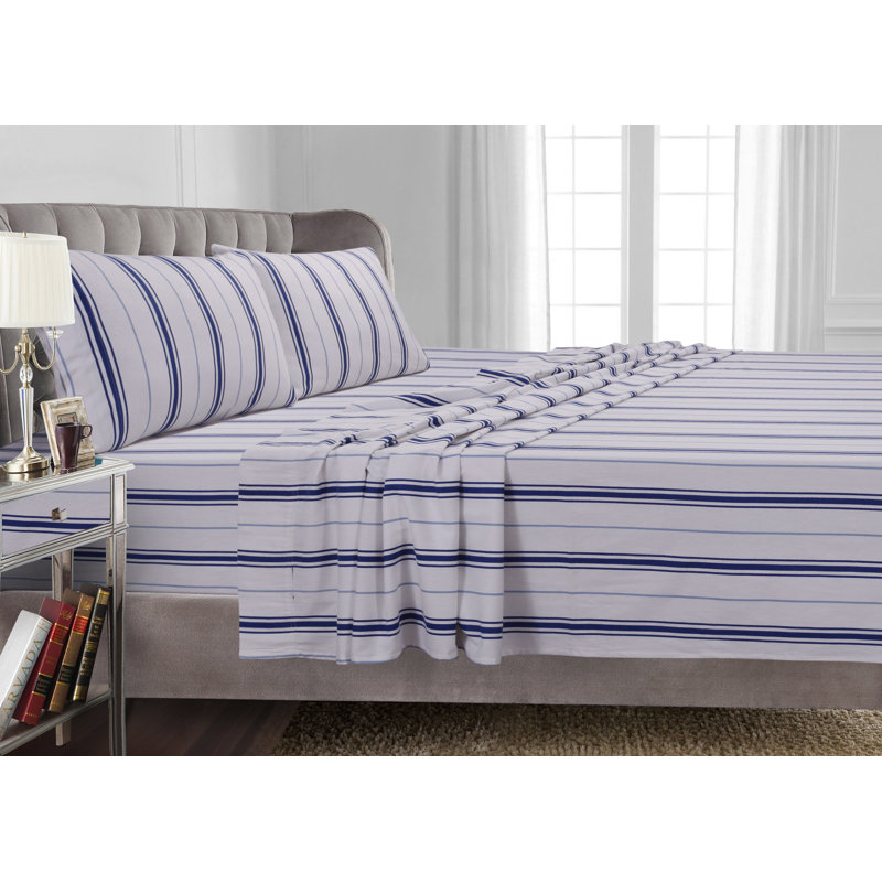 Modern & Contemporary Cotton Flannel Striped Duvet Cover, Blue, King