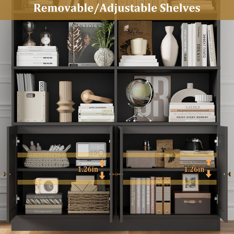Idlewild 71.1"H X 47.2"W Double Standard Bookcase With Storage Cbinets, Home Library Bookcase, Black, Black