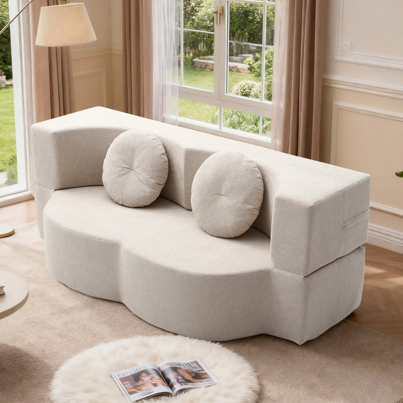 Canapé-lit pliable en velours sans os 75,5 po Lychee, sans assemblage requis avec deux coussins, kaki, Velours beige
