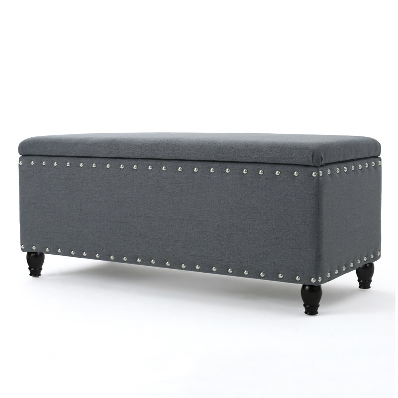 Banc de rangement Sharon, tissu gris foncé, garniture cloutée, 42 po, Gris