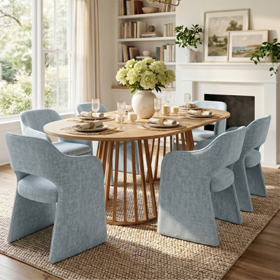 6- Person Dining Table Sets With Extendabe Oval Table & 6 Upholstered Fabric Dining Chairs