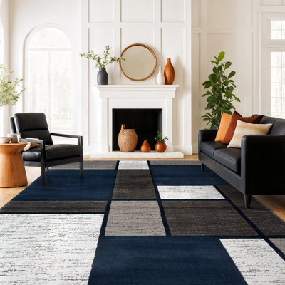 Tapis tissé à motif géométrique bleu marine / gris / blanc Mehul