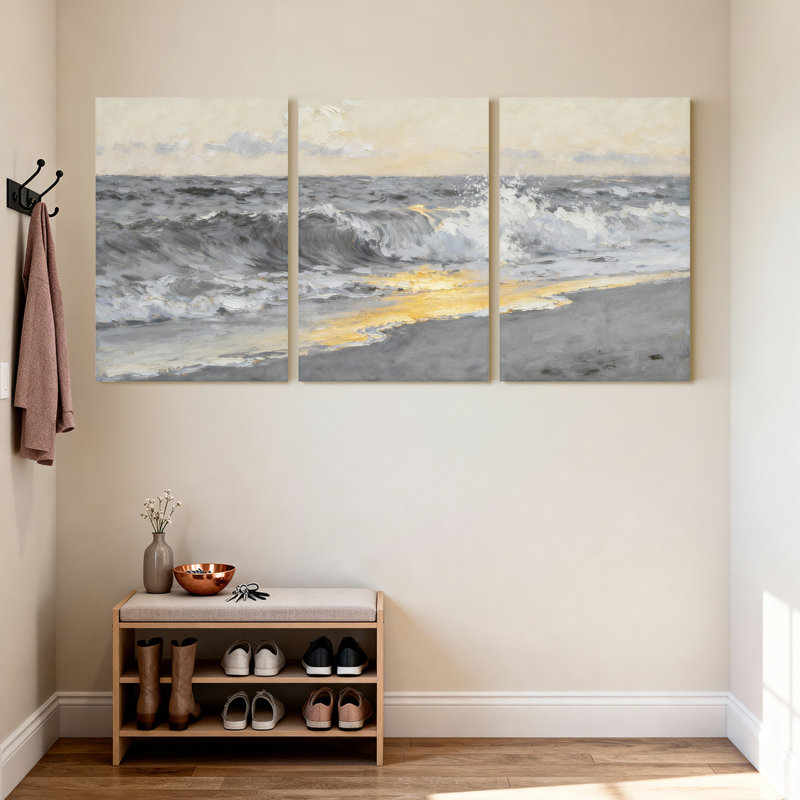 Ensemble de 3 tableaux muraux imprimés « Vagues de l'océan au coucher du soleil », H 18 po x l 36 po