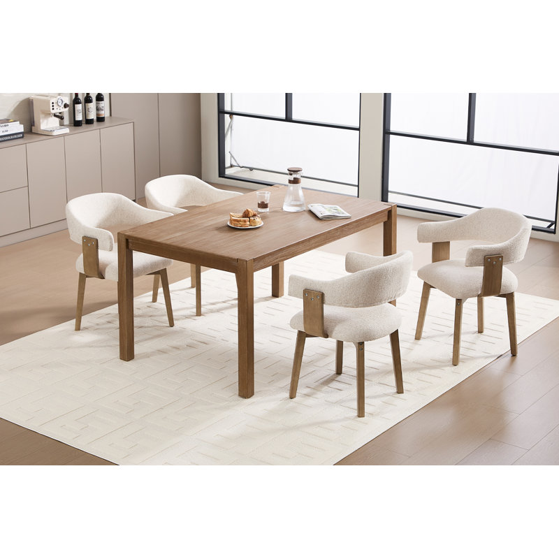 Modern Dining Chairs With Solid Wood Legs And Arms,Curved Back Upholstered Side Chair, Beige Chenille