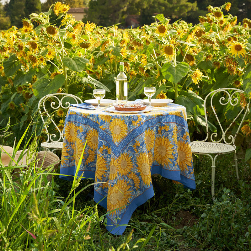 Sunflower Handmade Floral Tablecloth, Blue, 90" W x 90" L