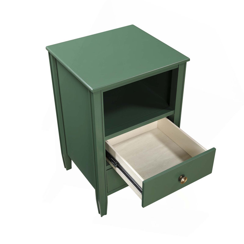Table de chevet de rangement rétro à 2 tiroirs avec pieds cannelés, tablette ouverte et glissières en métal lisse