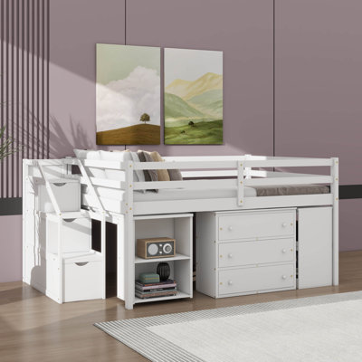 Full Size Low Loft Bed With Pull-Out Study Desk And 3 Drawers, Wooden Loft Bed With Storage Steps