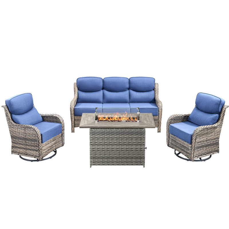 4 Pieces Patio Furniture Set, Outdoor Wicker Sofa Couch With Swivel Chairs 41" Fire Pit Table, All Weather High Back Modern Conversation Sets