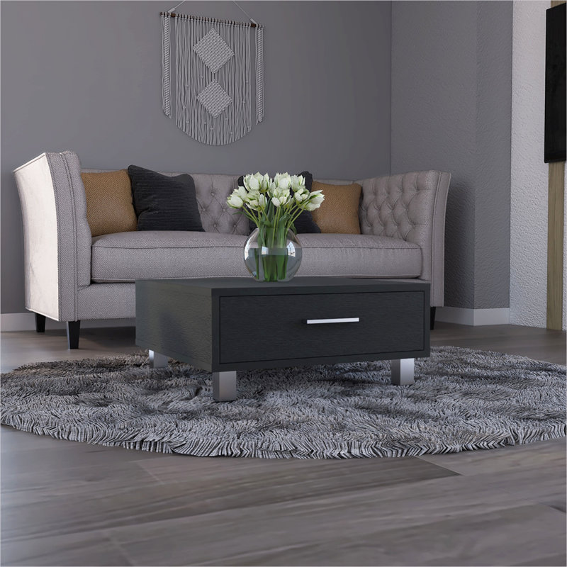 Table basse carrée noire mate avec tiroir spacieux, cadre en bois d'ingénierie de 23,6 po