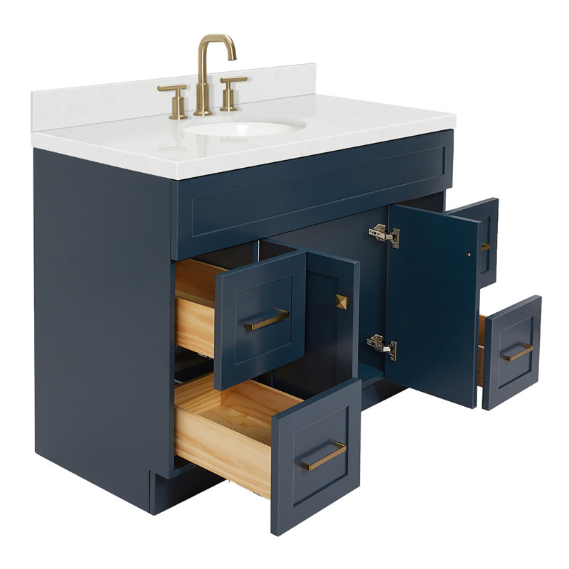 Abell 48.25'' Bathroom Vanity with Carrara Quartz Top, Midnight Blue, Satin Brass
