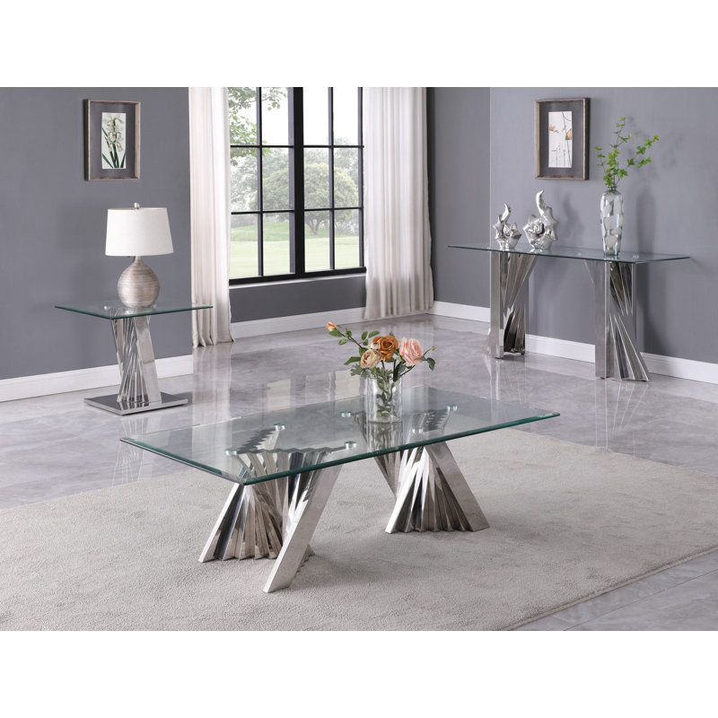 Silver Stainless Steel and Glass 3-Piece Coffee Table Set
