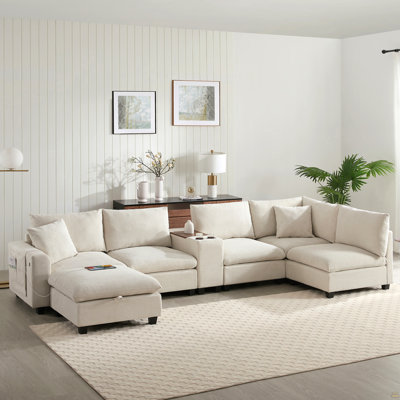 Canapé modulaire en forme de U de 139 po avec console, canapé en velours côtelé en L surdimensionné avec siège large, chargeur USB, porte-gobelets, repose-pieds mobile, poches de rangement, 6 sièges pour le salon