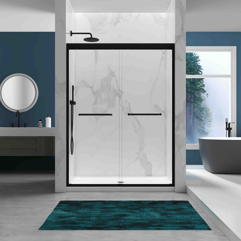 56-60" X 72" Tempered Glass, Aluminum Frame Double Sliding Shower Door, 1/4" (6mm), Stainless Steel Handles, Matte Black